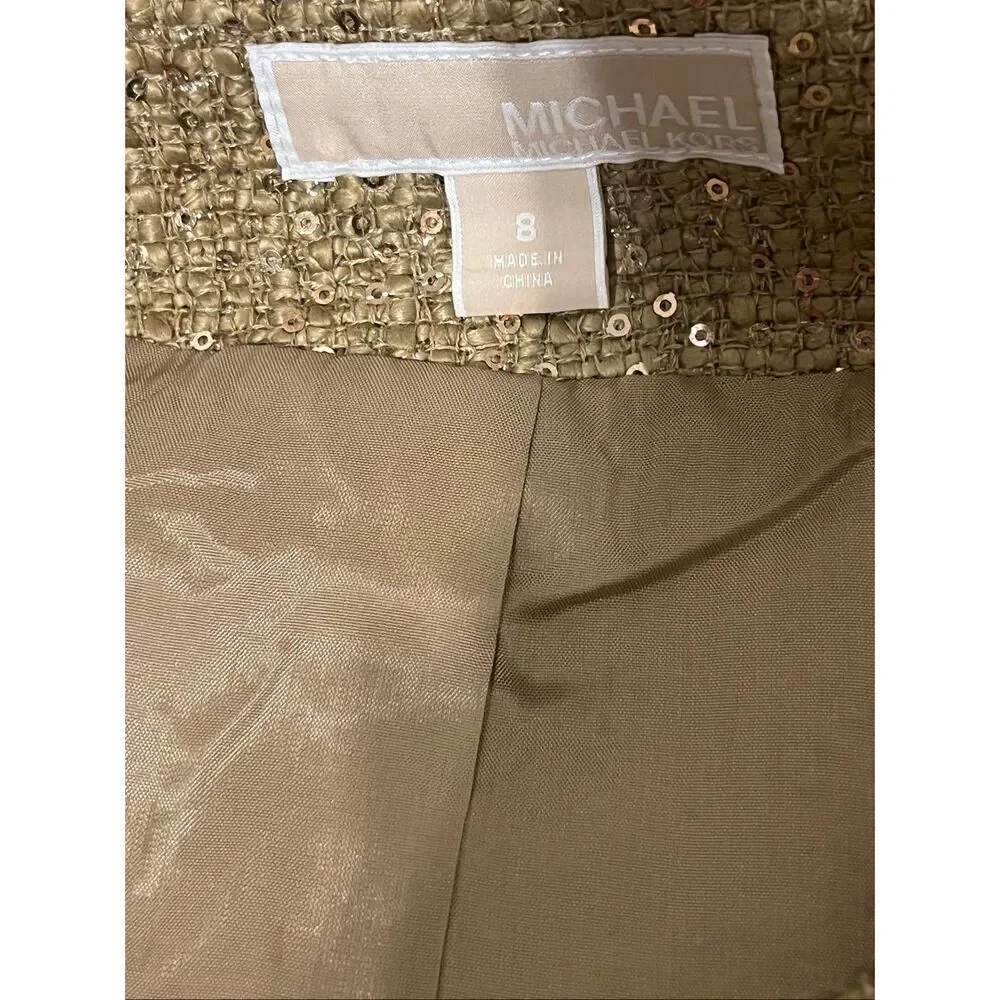 Michael Kors Womens Tweed Sequin Embellished Frayed Blazer Jacket Gold Sz 8